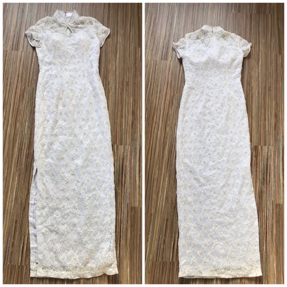 Other - White Hand Beaded Lace Cheongsam QiPao Gown Short Sleeve Dress